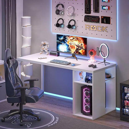 EXCEFUR White Computer Desk with Storage Shelves, Modern Home Office Desk, Reversible Wood and Metal Writing Study Table Workstations for Living Room Bedroom, 53 Inch