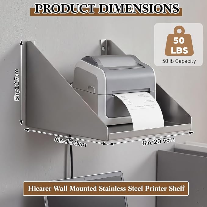Hicarer 8" x 6" x 5" Wall Mounted Printer Shelf, Compact Stainless Steel Receipt Printer Stand for Coffee Shop, Bar, Small Checkout Counter & Tight Workspace, with Wire Routing Hole