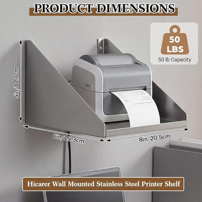 Hicarer 8" x 6" x 5" Wall Mounted Printer Shelf, Compact Stainless Steel Receipt Printer Stand for Coffee Shop, Bar, Small Checkout Counter & Tight Workspace, with Wire Routing Hole