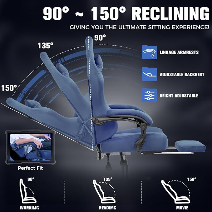 GTPLAYER Big and Tall Gaming Chair 400lbs Heavy Duty Office Chair with Foot Rest, High Back Pocket Spring Ergonomic Computer Chair for Adults, Wide Comfy Seated Cushion with Linkage Armrests, Blue