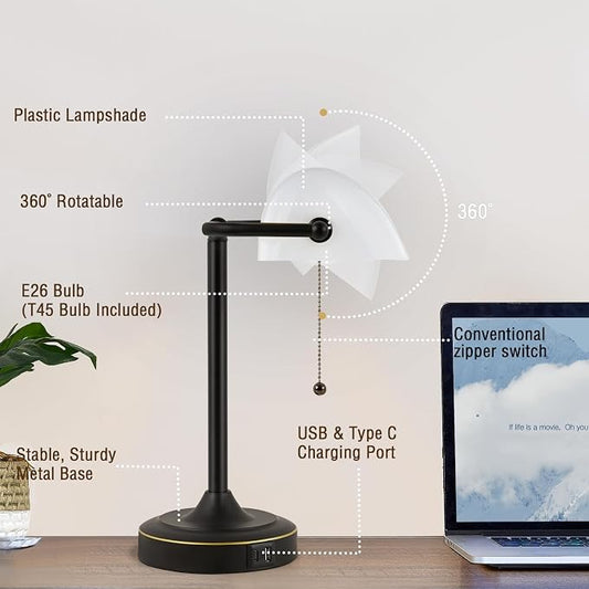 Vintage Desk Lamp Bankers Lamp - Plastic Lampshade Black Retro Table Lamp with USB & Type C Charging Ports Traditional Library Lamp for Home Office Nightstand Bedroom Side Table Lamp-Bulb Included