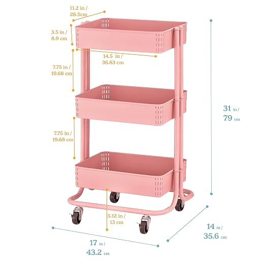 ECR4Kids 3-Tier Metal Rolling Utility Cart, Multipurpose Storage, Pink