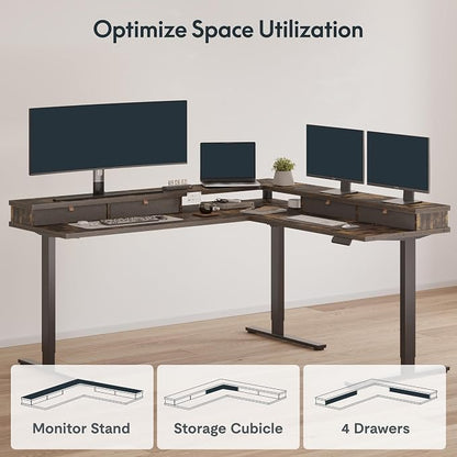 SANODESK 63" L Shaped Standing Desk with 4 Drawers, Height Adjustable Stand up Desk, Corner Gaming Desk with Monitor Stand, Black Frame/Rustic Brown Top