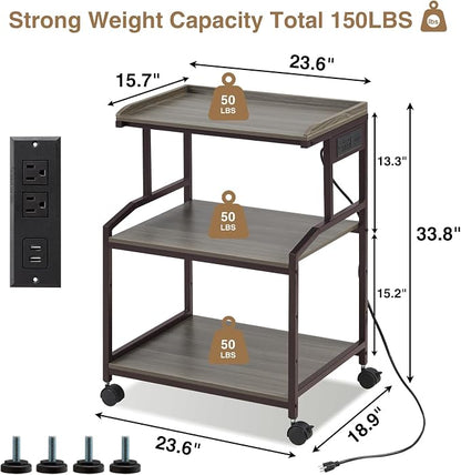 Lauren&Harold 34'' Printer Stand with Power Outlets & USB Ports, 3-Tier Adjustable Rolling Cart, Heavy Duty 150LBS Storage Table with Wheels for Office, Kitchen, Living Room, Grey/Bronze