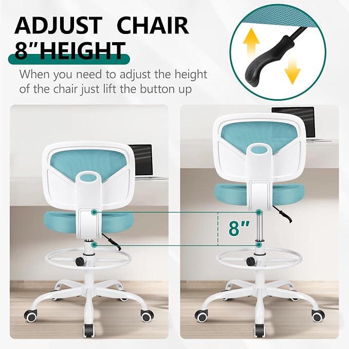 Primy Armless Tall Desk Chair, Adjustable Height and Footring, Low-Back Ergonomic Standing Desk Chair Mesh Rolling Tall Chair for Art Room, Office or Home (Teal)