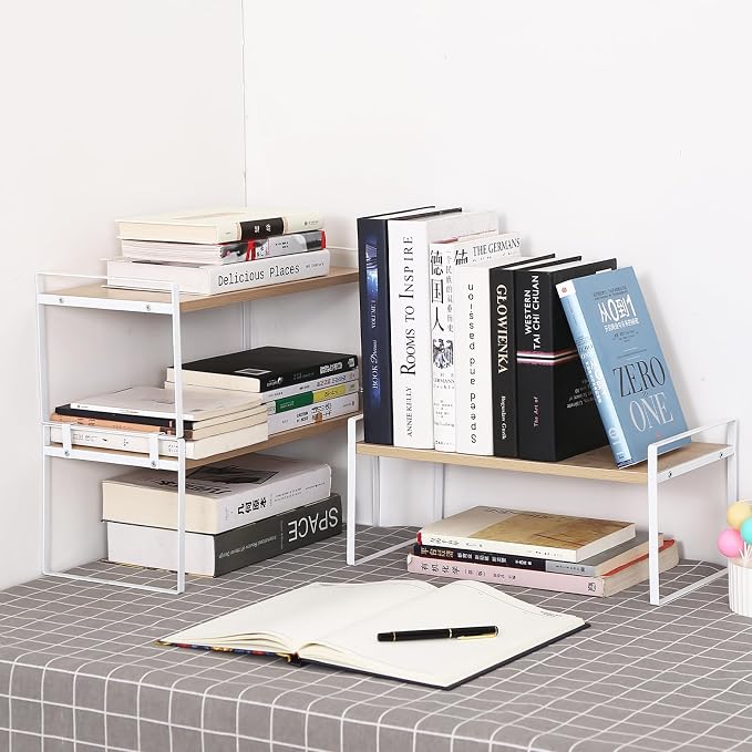 YGYQZ Wood Office Desk Shelf Organizer - Desktop Supplies Cute Dresser Top Organization Storage Rack and Cubicle Decor Aesthetic Bookshelf for Women Man and Kids (White Wood-Single Tier)