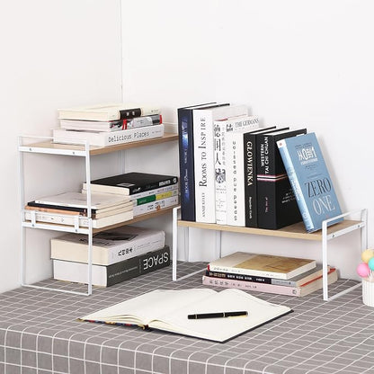 YGYQZ Wood Office Desk Shelf Organizer - Desktop Supplies Cute Dresser Top Organization Storage Rack and Cubicle Decor Aesthetic Bookshelf for Women Man and Kids (White Wood-Single Tier)
