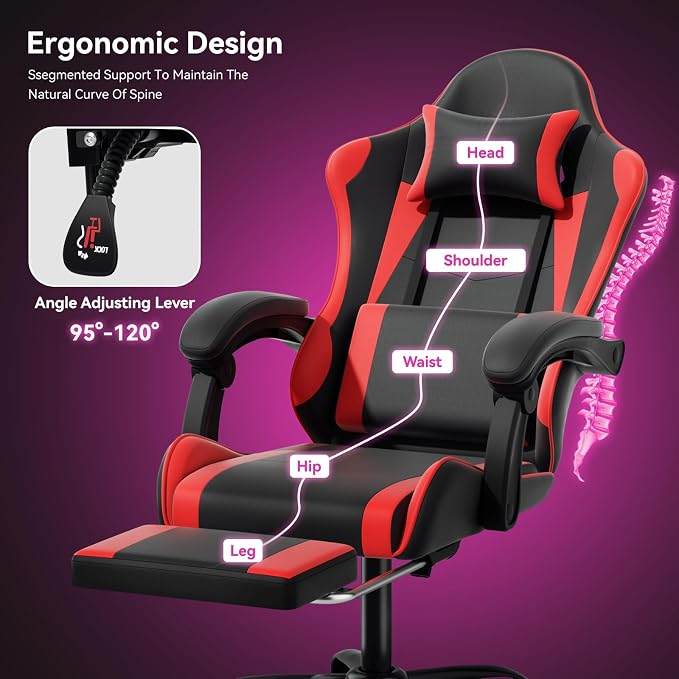 Gaming Chair, Ergonomic Computer Chairs with Arms, Lumbar Support, Footrest, Headrest 360°Swivel Chair, Adjustable Back and Height, Leather PC Chairs for Gaming, Study, Office, Black/Red