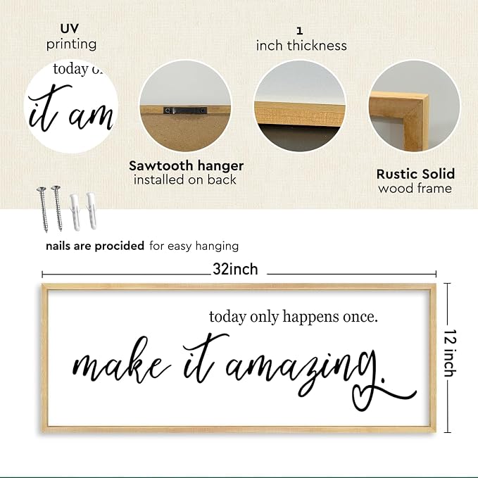 YWJKWLGS Inspirational Quotes Wall Decor Today Only Happens Once Make It Amazing Signs Wall Art 32x12 Inch Large Motivational plaque for Home office kitchen Bedroom Wood Framed Hanging (Wood)