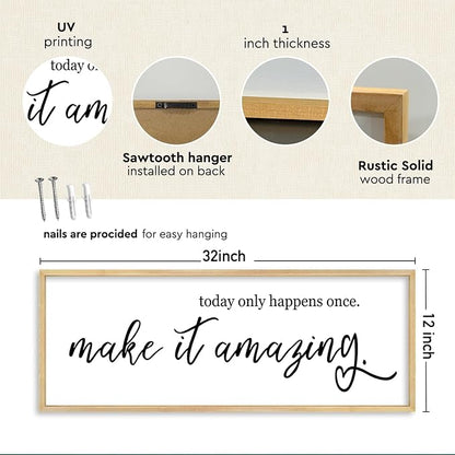 YWJKWLGS Inspirational Quotes Wall Decor Today Only Happens Once Make It Amazing Signs Wall Art 32x12 Inch Large Motivational plaque for Home office kitchen Bedroom Wood Framed Hanging (Wood)