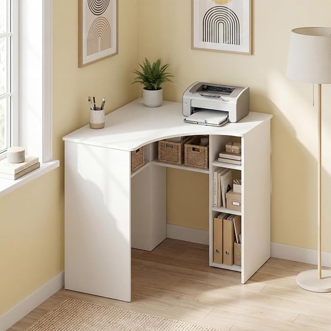 Tangkula White Corner Desk with Charging Station, 90-Degree Triangle Computer Desk with Ergonomic Curved Edge & Open Storage Shelves, Writing Study Desk for Small Spaces Home Office