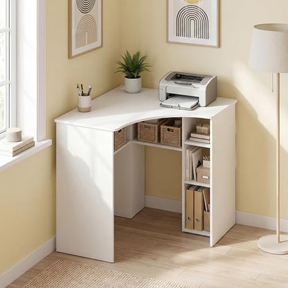 Tangkula White Corner Desk with Charging Station, 90-Degree Triangle Computer Desk with Ergonomic Curved Edge & Open Storage Shelves, Writing Study Desk for Small Spaces Home Office