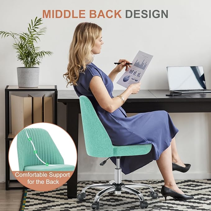 DUMOS Office Chair, Comfy Desk Chair Rolling Vanity Swivel Task Chairs with Wheels, Wide Seating Armless Height Adjustable Computer Chairs for Home,Bedroom,Student,Adults, Green