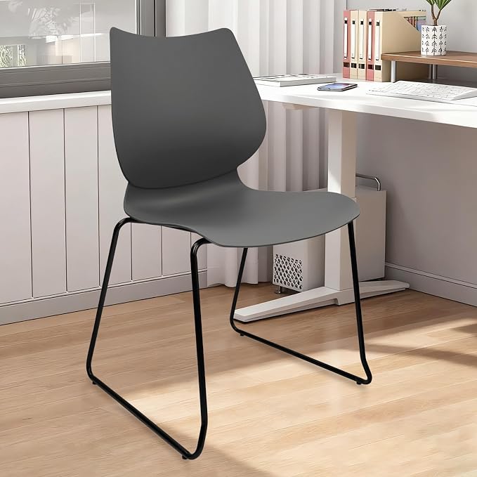 KLASIKA Stacking Waiting Room Chairs, Stacked Plastic Office Chair with Ergonomic Lumbar Support and Metal Legs for Conference School Church Guest Reception Set of 8, Grey