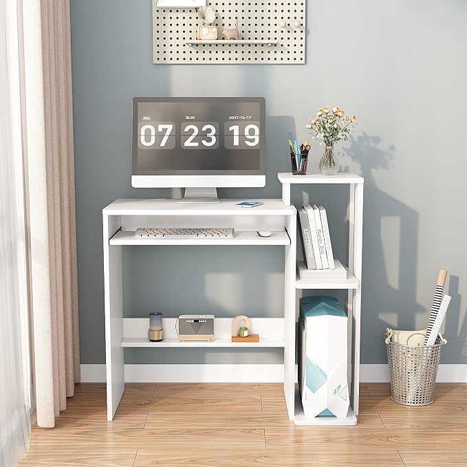 35" Compact Computer Desk with 3-Tier Storage Shelves & Keyboard Tray – Small Study Table for Bedroom or Home Office (White)