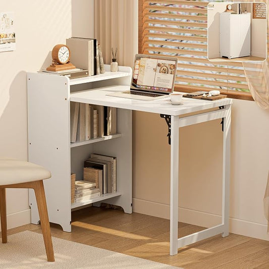 Bamboo Folding Desk for Small Spaces with Storage, Foldable Mid Century Modern Drop Leaf Desk, Vintage Fold Out Hideaway Small Desks for Bedroom or Home Office, White
