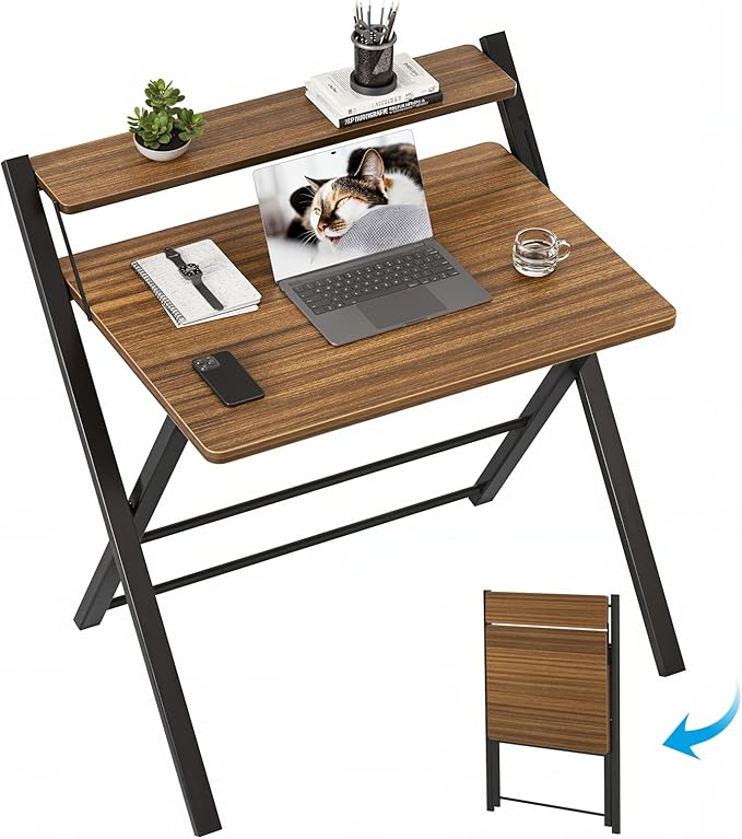 GreenForest Folding Desk No Assembly Required, 2 Tier Computer Desk with Monitor Shelf, 30 Inch Foldable Home Office Table for Work from Home Apartment Dorm Study Room, Espresso