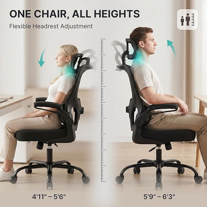 Ergonomic Office Chair, 330lbs Mesh Desk Chair with Adjustable Lumbar Support, 3D Headrest and Flip-Up Arms, Comfortable High Back Computer Chair for Home Office