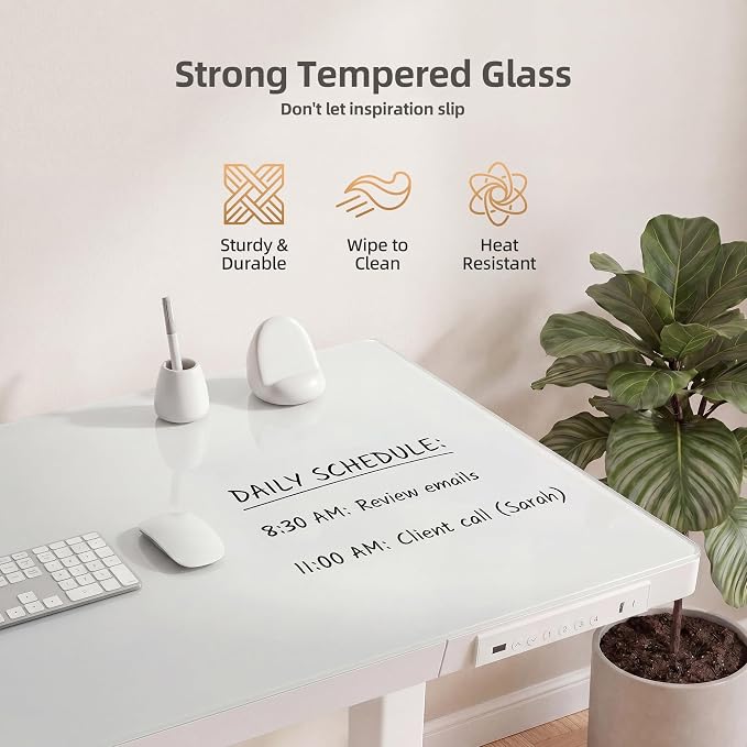 INNOVAR Glass Standing Desk with Drawers & USB Ports,55 inch Whole-Piece Glass Top Adjustable Height Desks, Quick-Install Electric Sit-Stand Up Desk for Home Office & Computer Workstation, White
