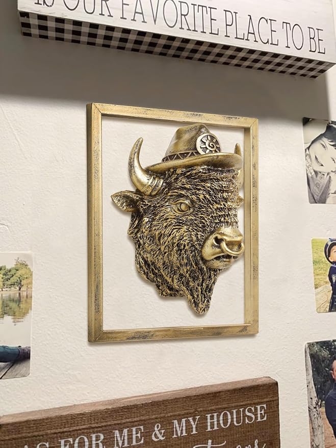 Newinhome Animal Heads Wall Decor (Includes Metal Frame) Resin Animals Sculptures Head Wall Hanging Decoration Gold vintage Wall Sculpture for Living Room Bedroom Office (American Bison)