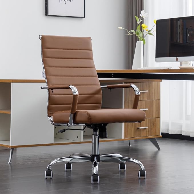 Okeysen Brown Conference Room Chairs, Modern Ergonomic PU Leather Office Desk Chair Ribbed for Office, High Back Executive Swivel Rolling Task Chair for Home