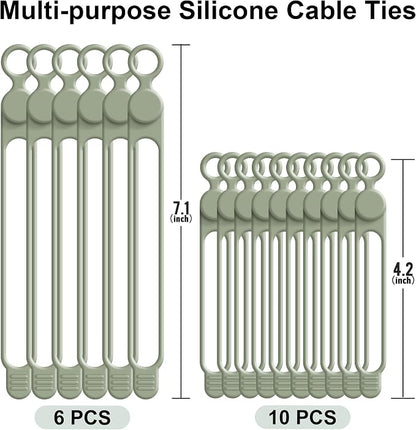Silicone Cable Ties Cord Organizer for Cable Management, 16PCS 4.2" and 7.1" Reusable Cable Organizer Electronic Accessories for Home, Office, Kitchen, School, Travel (Green)