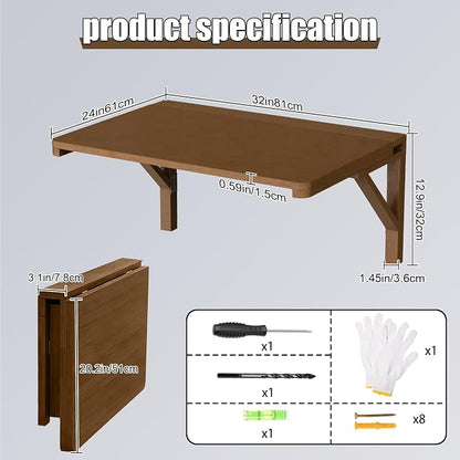 MM MELISEN Wall Mounted Desk - 32x24 Inch, Walnut Finish Solid Wood Desk for Bedroom Office or Laundry Room. Folds Down for laptops, up for Space. Ideal for Apartments, dorms, and Small Homes