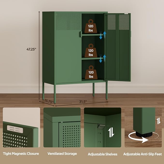 2 Mesh Door Metal Storage Cabinet with Adjustable Shelves, 3 Tier Steel Office Storage Cabinet 47''H Multipurpose Green Storage Cabinet, Metal Locker Storage Cabinet for Office, Home, Hallway