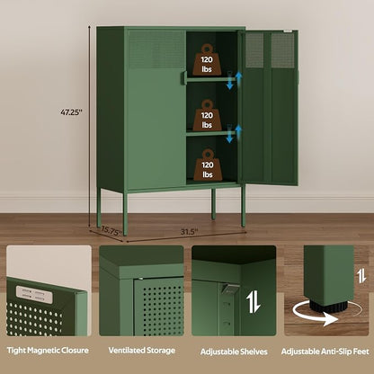 2 Mesh Door Metal Storage Cabinet with Adjustable Shelves, 3 Tier Steel Office Storage Cabinet 47''H Multipurpose Green Storage Cabinet, Metal Locker Storage Cabinet for Office, Home, Hallway