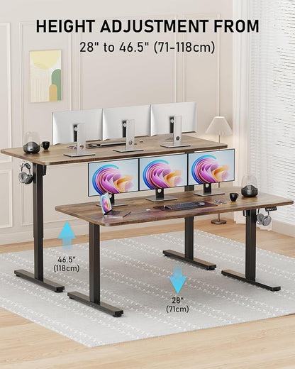 63" Electric Standing Desk Adjustable Height, Sit Stand up Desk for Home Office & Computer Workstation, 2 Memory Height Settings, Splice Board, 2 Hooks, Black Frame/Rustic Brown Top