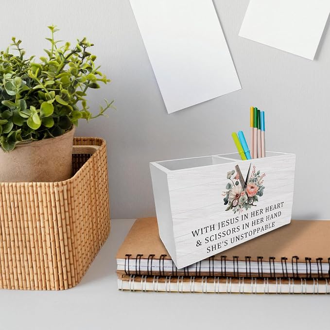 Christian Hairstylist Pen Holder for Desk, Hairdresser Hairstylist Gifts Wooden Box Sign Desk Decor for Hair Beauty Salon Barber Shop Decoration, Barber Gifts Pencil Organizer