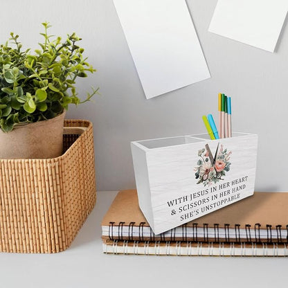 Christian Hairstylist Pen Holder for Desk, Hairdresser Hairstylist Gifts Wooden Box Sign Desk Decor for Hair Beauty Salon Barber Shop Decoration, Barber Gifts Pencil Organizer