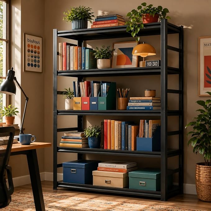 5 Tier Metal Bookshelf, Adjustable Tall Bookcase, Heavy Duty 3000 LBS Modern Deep Book Shelf, Bolt-Free Storage Shelves for Living Room, Home Office, Garage, 36" Wx 16" Dx 71.2" H