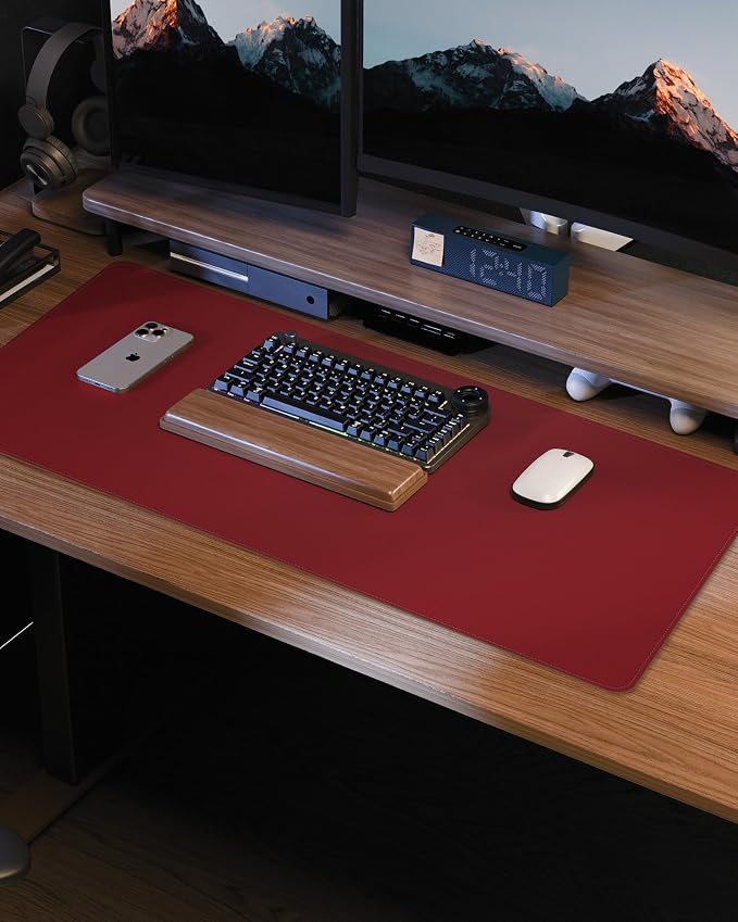 Leather Desk Protector, Red Office Mat, Non-Slip PU Laptop Blotter, Waterproof Writing Pad for Office and Home (Red, 31.5" x 15.7")