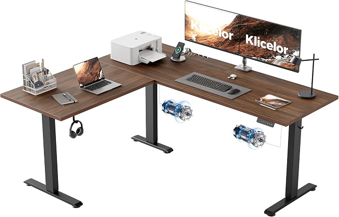 Klicelor L Shaped Standing Desk 63 x 55.1 Inch Dual Motors, Electric Height Adjustable Corner Desk for Home Office Workstation, Ergonomic Sit Stand Computer Table with Memory Controller, Dark Walnut