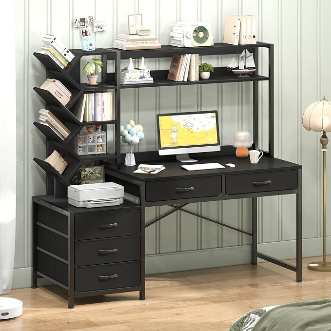 YOMILUVE Reversible Computer Desk with Hutch, Home Office Desk with 5 Drawers and Bookshelf, 52'' Study Writing Desk with Storage Shelves for Bedroom Home Office, Black
