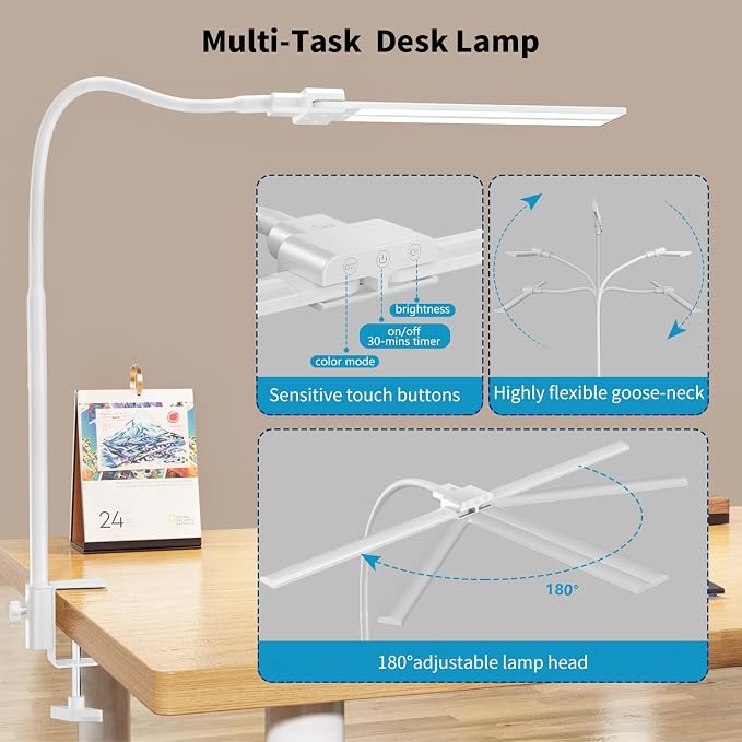 KableRika Desk lamp,Double Head LED Desk Lamp with Clamp,Architect Desk Lights for Home Office,Eye-Caring Desktop Office Lamp 4-Brightness 4-Color Table Lamp for Monitor Workbench Reading White