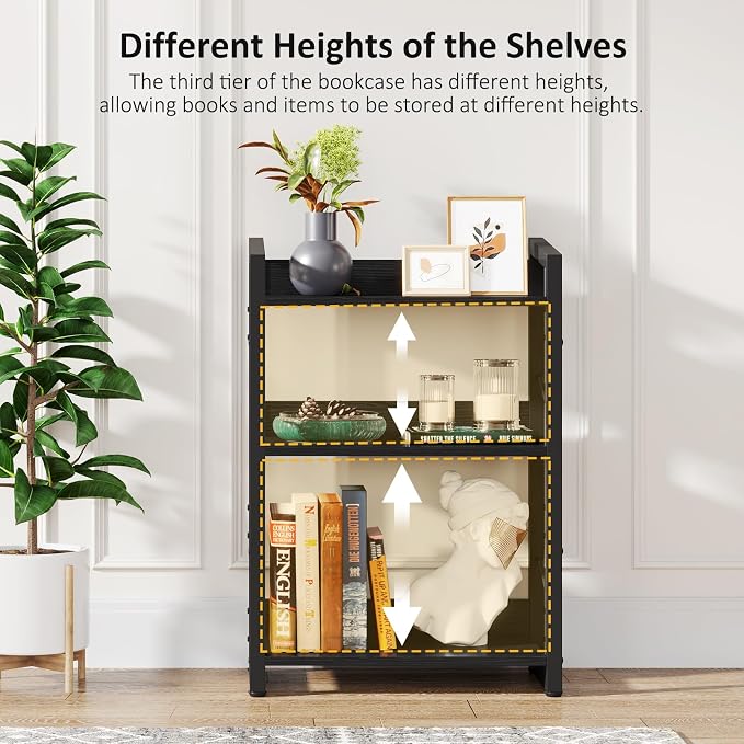 Hosfais Book Shelf Small Bookshelf - 3-Tier Wood Bookcase Industrial Bookshelf Metal Narrow Bookcase Storage Organizer Display Rack for Bedroom Living Room Home Office (Black)