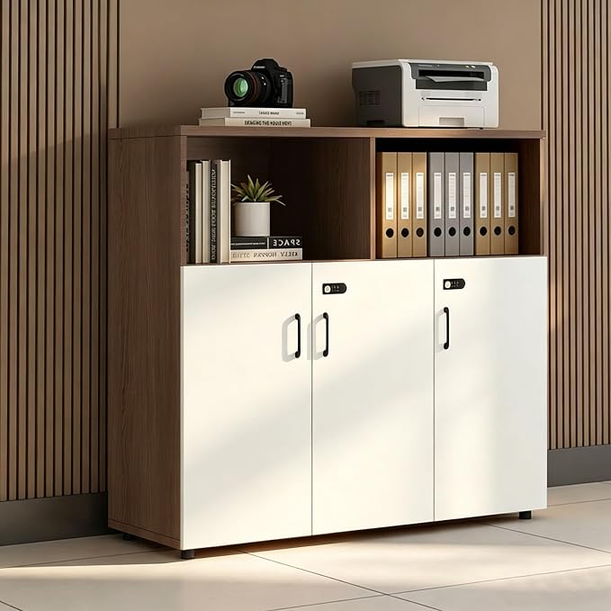 File Cabinet with Password Lock, Wood Lateral Filing Cabinet for Letter/A4 Files, 3 Drawer with Door, Printer Stand with Open Shelves for Home Office