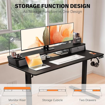 Electric Standing Desk with Two Drawers,55 x 24 Inch Sit Stand Desk Adjustable Height, Stand Up Desk with Storage Shelf, Computer Workstation for Home Office, Black