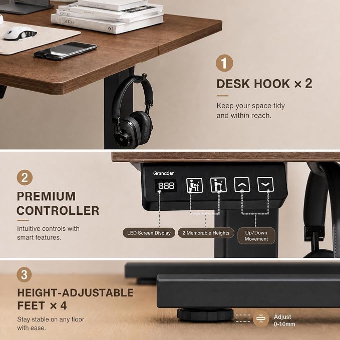 Grandder 63x32 Large Electric Standing Desk, Height Adjustable Computer Desk with 2 Memory Presets, 31.5" Deep Desktop Sit Stand Desk Home Office Desk Workstation Table with Hooks, Walnut