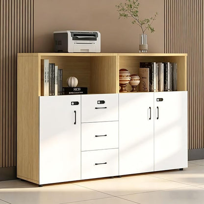 File Cabinet with Password Lock, Wood Lateral Filing Cabinet for Letter/A4 Files, 3 Drawer with Door, Printer Stand with Open Shelves for Home Office