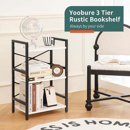 Yoobure Bookshelf Small Book Shelf, Solid Industrial 3 Tier Shelf Bookcase, Short Book Case for Bedroom, Living Room, Office Home, Small Spaces, Easy Assembly, White