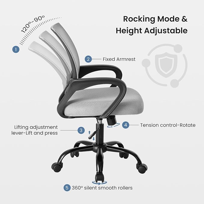 DUMOS Home Office Chair - Ergonomic Mid Back Mesh Desk Chair with Lumbar Support & Rocking Mode, Height Adjustable with Fixed Armrest, for Computer, Gaming, Meeting, 360° Swivel, Grey