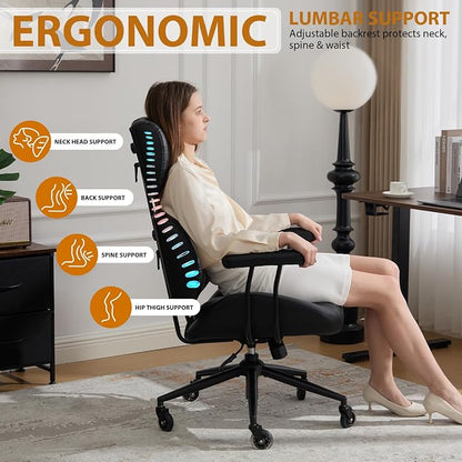 E-Motie Ergonomic Leather Office Chair, Computer Desk Chair, Black | Adjustable Headrest, 360° Swivel & Rolling Wheels, Lumbar Support, Padded Arms, High Back, for Long Hours Sitting