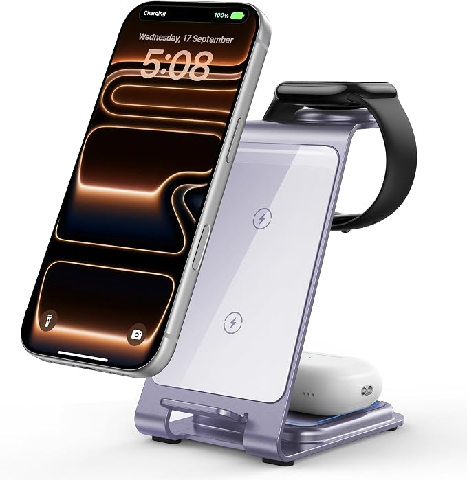 Intoval Aluminum 3 in 1 Wireless Charging Station for iPhone 17 16 15 14 13 12 11 Pro Max XR, Wireless Charger for Apple Watch 11 10 9 8 7 Ultra SE 3 2, Phone Charger for AirPods 4 Pro 2 3 (Lavender)