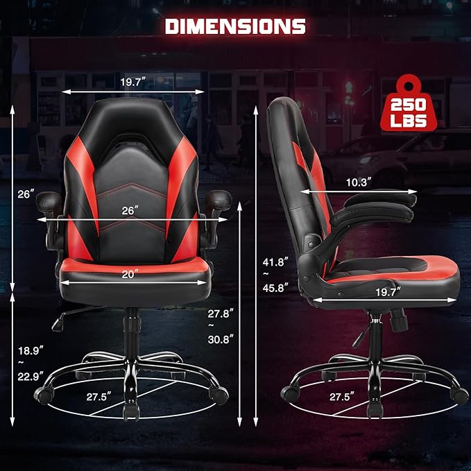 Sweetcrispy Computer Gaming Chair: PU Leather Ergonomic Lumbar Support with Flip-up Armrest and 360° Swivel Wheels, Height Adjustable Task Home Office Desk Video Racing, Red