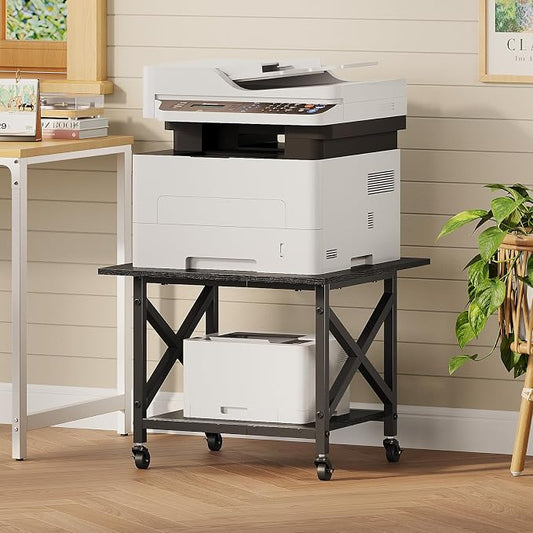 VENNQD 2 Tier Printer Stand, 23.6'' x 23.6'' Large Table with Storage Shelf, Rolling Printer Cart with Wheels, Laser Printer Table for Home Office Scanner Fax Machine, Black