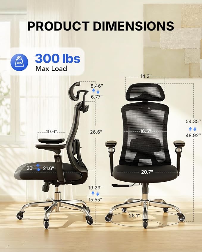 HUANUO Ergonomic Office Chair with 6D Armrest, Seat Depth Adjustment, Lumbar Support, Quiet Rubber Caster, High Back Mesh Gaming Chair with 3D Headrest, Big and Tall Chair for Home Office, Pack of 4