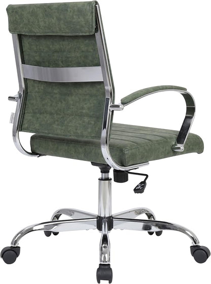LeisureMod Benmar Leather Office Desk Chair, Mid-Back Ergonomic Swivel Chair with Lumbar Support, Adjustable Height, Tilt Lock, Cushioned Seat & Back, Home Office Task Chair (Green, Set of 6)